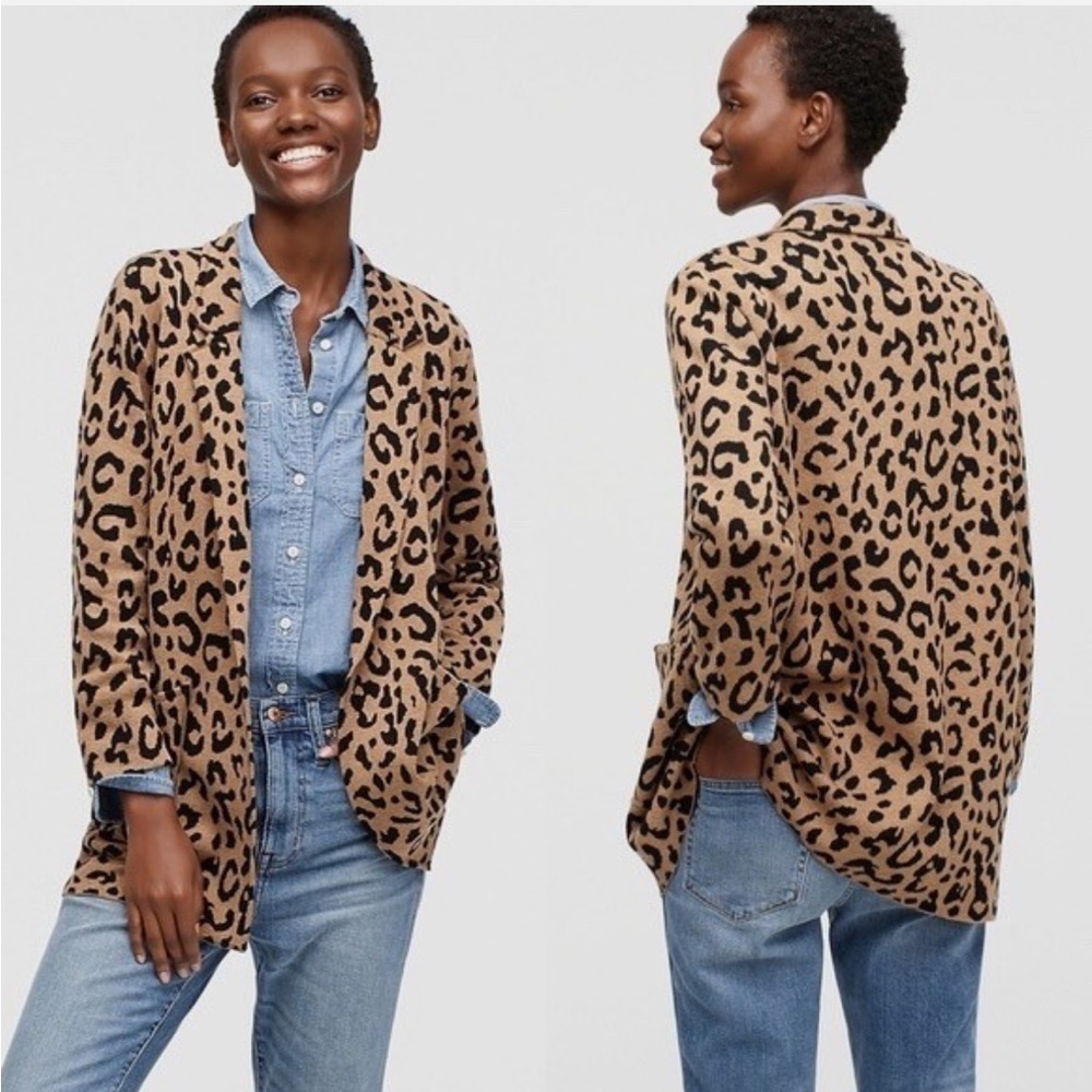 J.Crew | Sophie Open Front Sweater Blazer Leopard Merino Wool Blend Size M